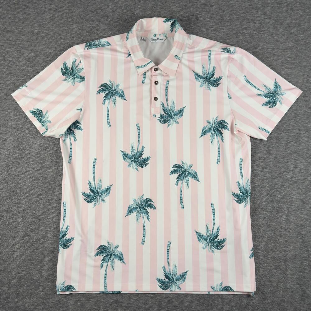 Kenny Flowers Polo Shirt Mens Large Pink Palm Stripe Golf Performance Stretch